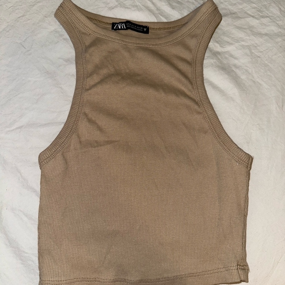 Zara Tan Fitted Crop Tank Top